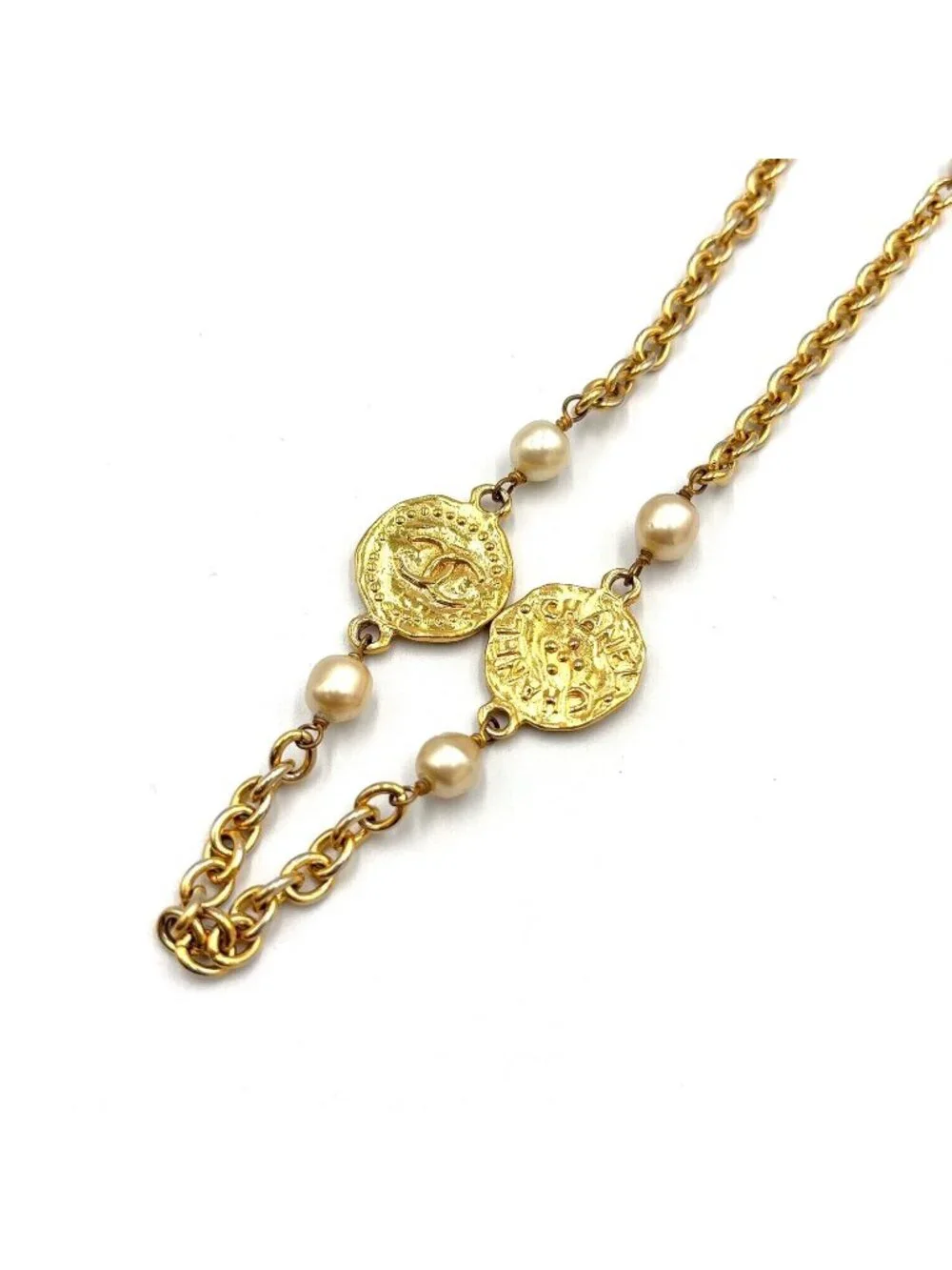 Chanel CC Logo Coin Motif Metal Faux Pearl Gold Necklace